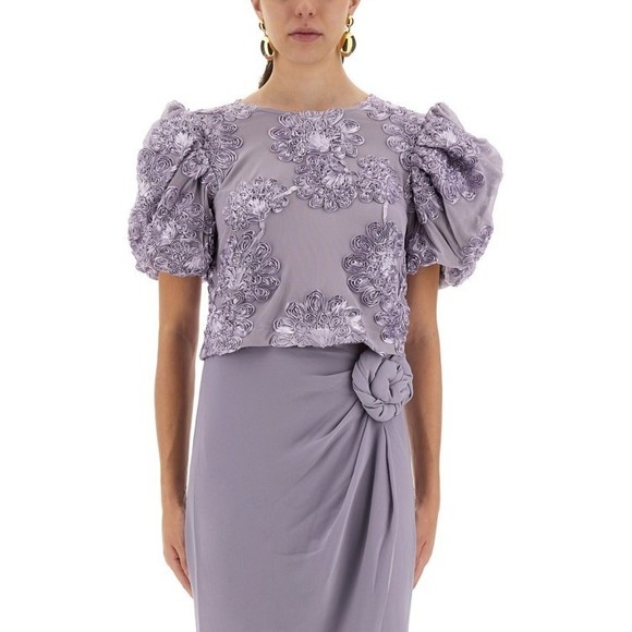Rotate Birger Christensen 3D Floral Mesh Top With Voluminous Puff Sleeves - NWT - Picture 1 of 4